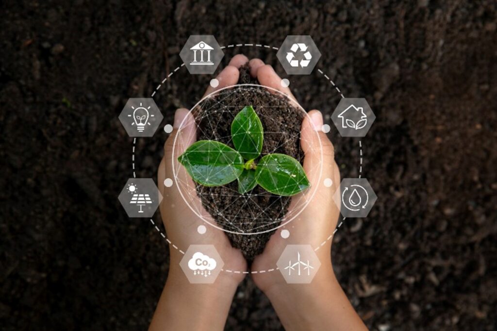 Hands holding dirt and a sprout with various recycling symbols around it by Okon Recycling