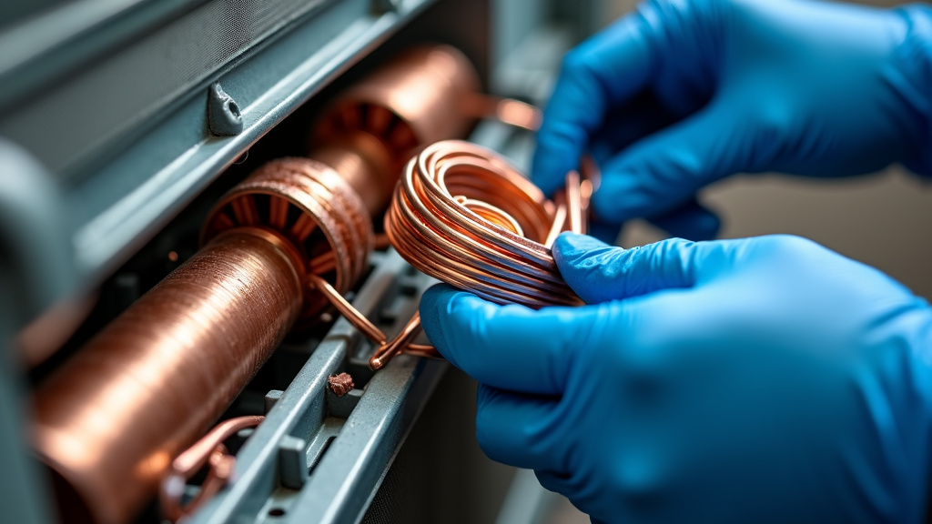 A close-up of copper coils and wiring being extracted from an air conditioning unit, highlighting professional hands in blue gloves.