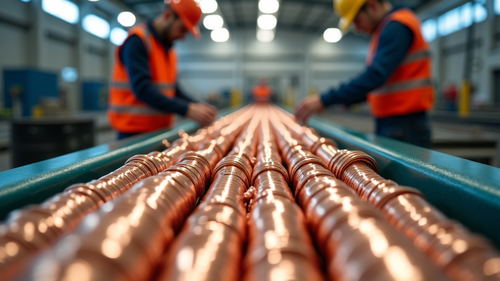 Close-up of gleaming copper coils on a conveyor belt in a recycling facility.