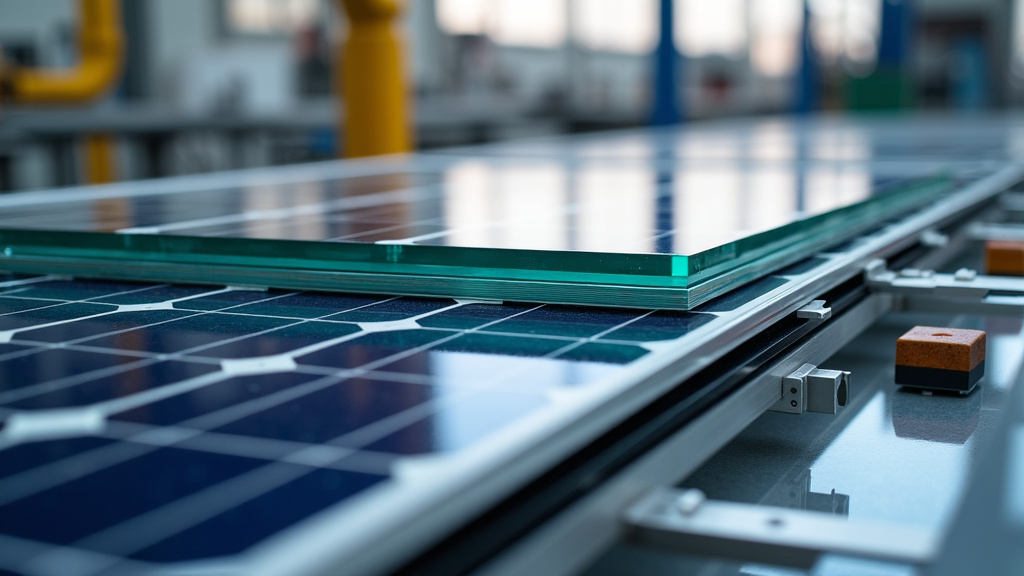 A close-up of disassembled solar panels showing glass sheets, aluminum frames, and silicon cells on a workbench.