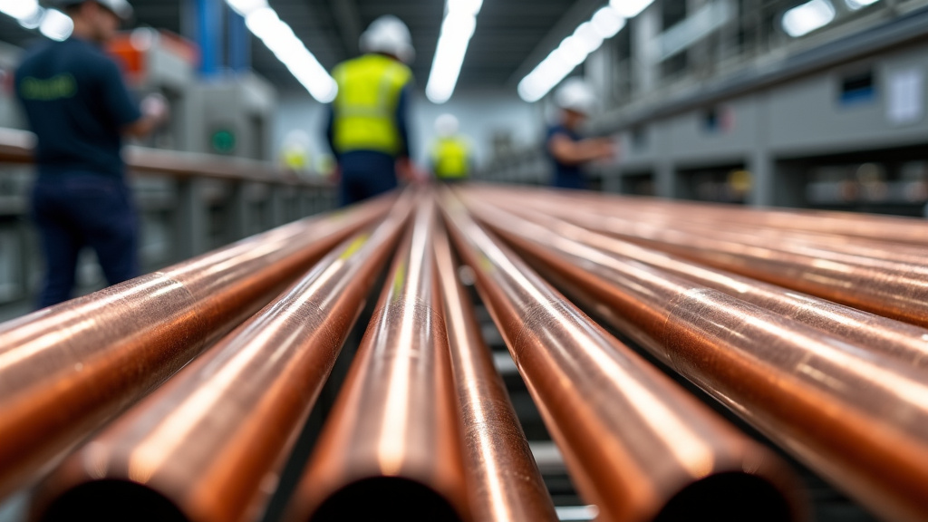 A close-up of gleaming copper pipes being sorted in a recycling facility.