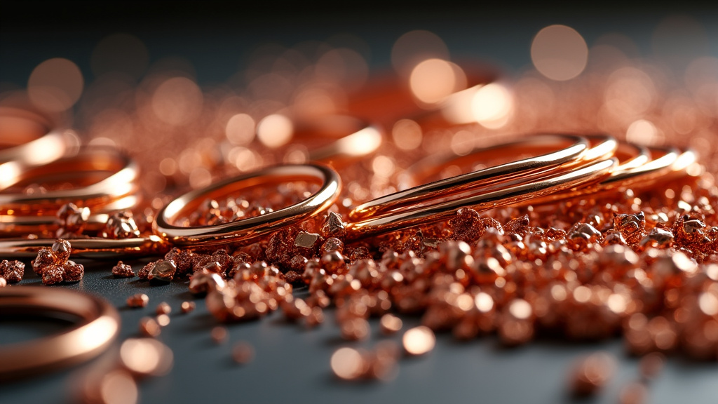 Photorealistic close-up of gleaming copper wire coils and fragments in recycling process