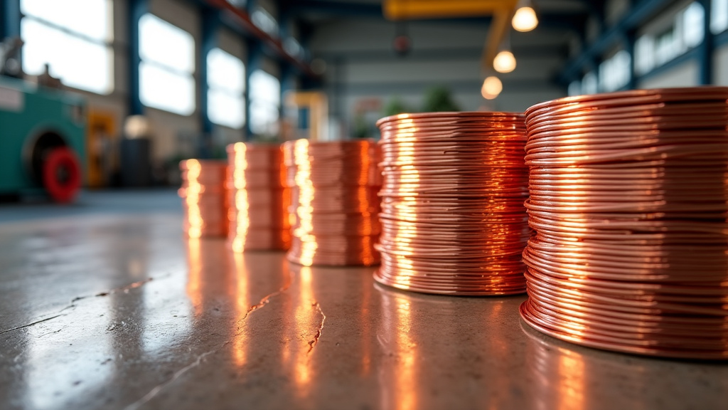 Photorealistic image of recycled copper wire bundles in an industrial recycling facility with warm metallic tones and natural lighting.