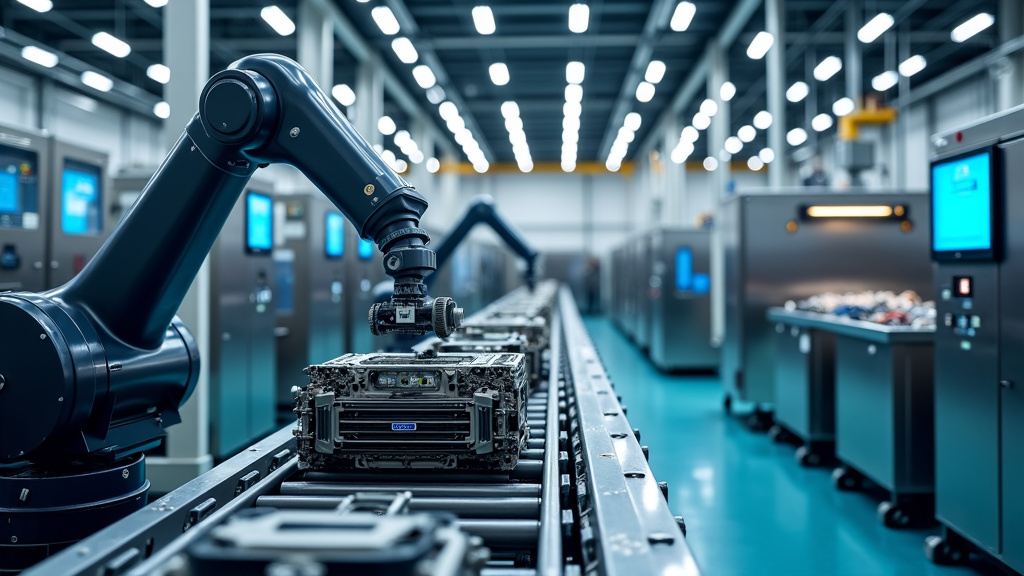 A photorealistic image of a high-tech industrial recycling facility interior featuring a robotic arm sorting air conditioning units on a conveyor belt.