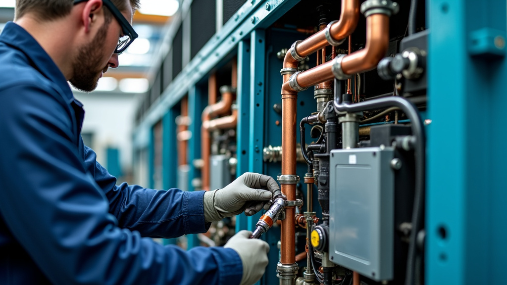 A technician in protective gear disassembling an industrial HVAC chiller, extracting refrigerant from copper pipes in a modern recycling facility.