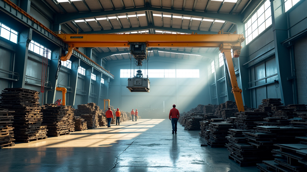 A dramatic wide-angle shot of an industrial recycling facility with a crane lifting a metallic component.