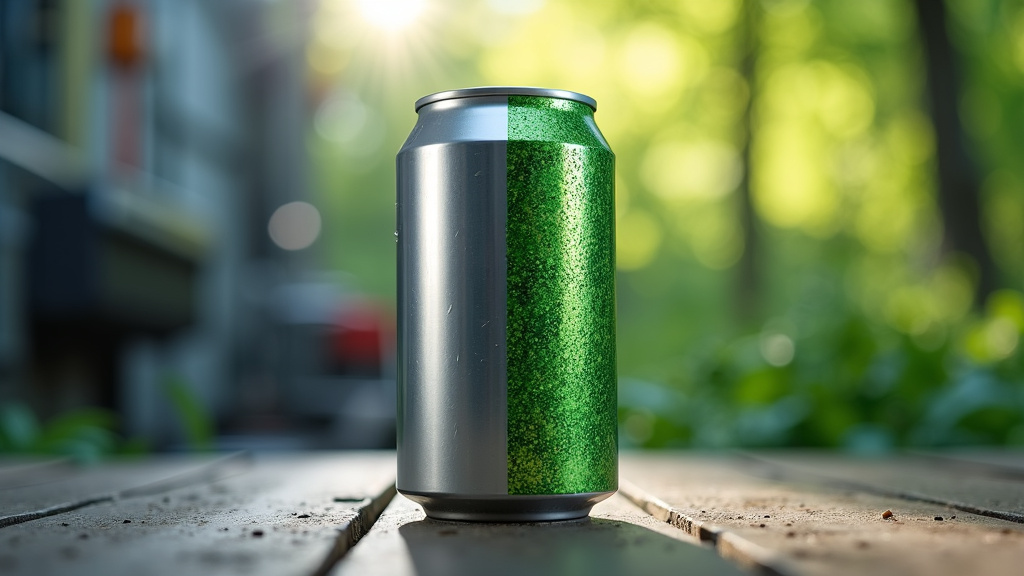 A photorealistic shot of an aluminum can being transformed mid-air, showcasing raw aluminum and polished recycled material.