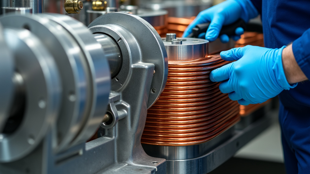 A close-up of a technician dismantling an industrial chiller, showcasing copper coils and steel components in a well-lit recycling facility.