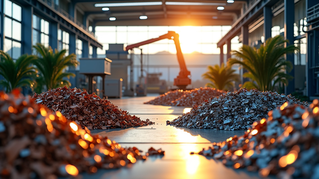 A photorealistic wide-angle shot of a modern recycling facility interior with organized piles of sorted metals and advanced machinery.