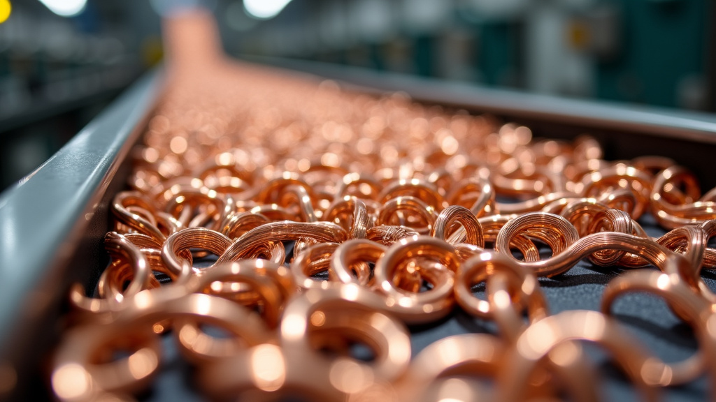 Close-up shot of shiny copper wires and tubes on a conveyor belt for recycling.