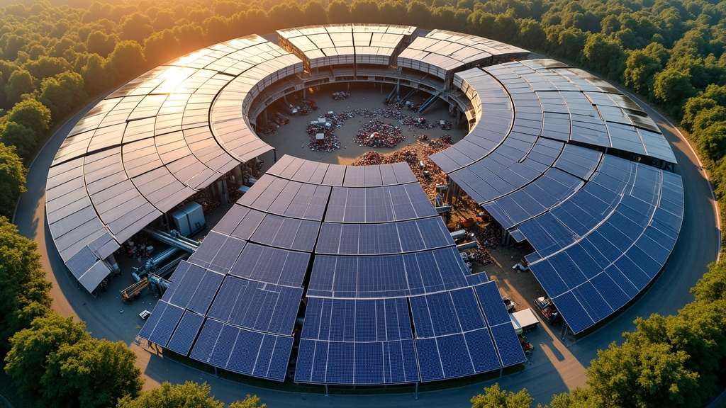 Aerial view of a modern solar panel recycling facility with organized rows of disassembled solar panels and lush green surroundings.