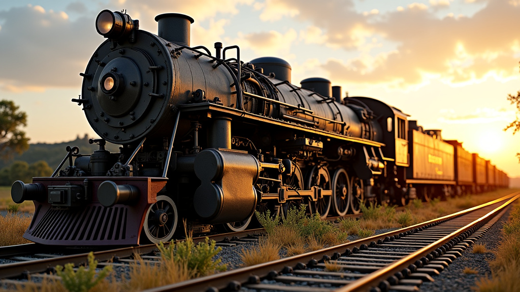 A dramatic photorealistic image of a weathered locomotive in a recycling yard during golden hour sunlight, showing its inner workings and surrounding equipment.