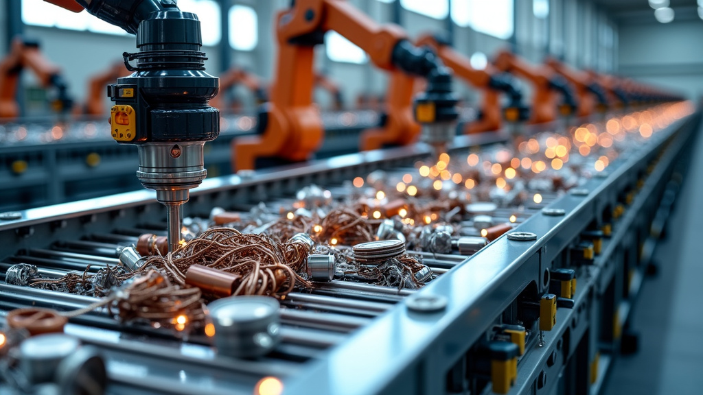 A modern advanced metal recycling facility with conveyor belts and robotic arms sorting metal scraps.