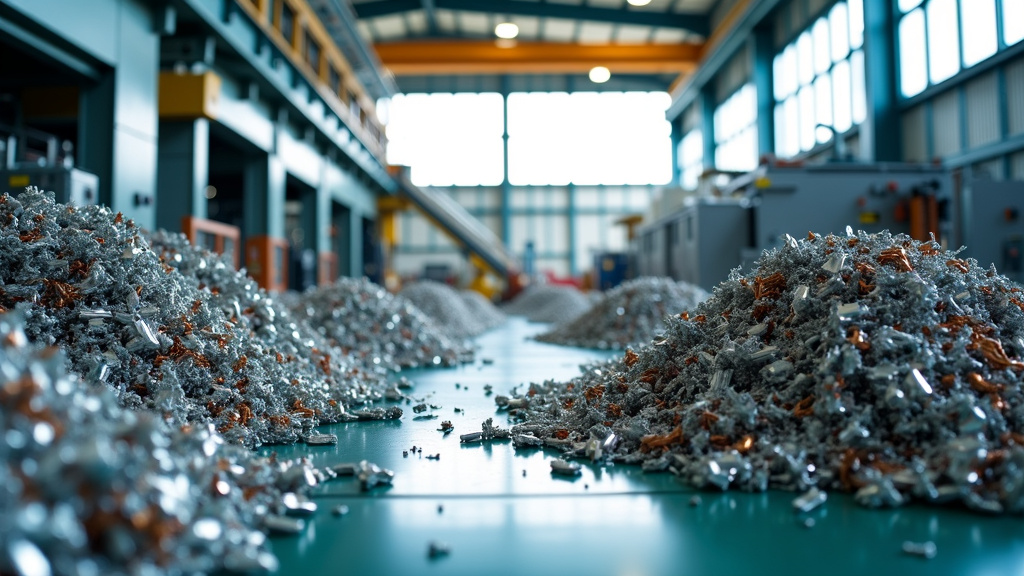 A modern recycling facility with metallic sorting machines and conveyor belts processing recyclables.