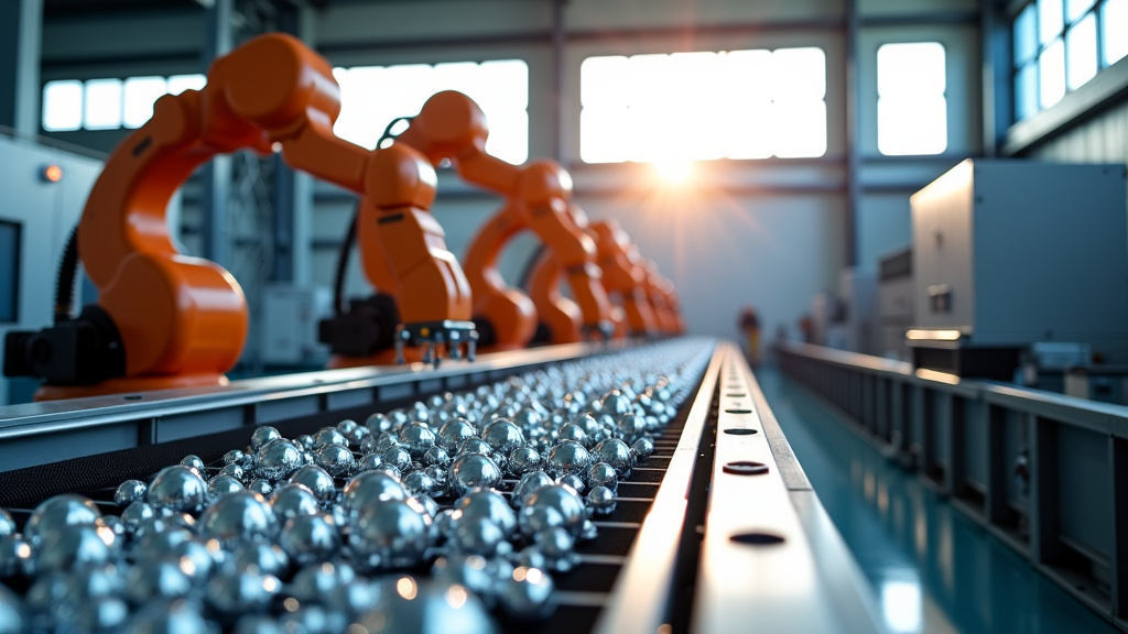 A photorealistic industrial scene with robotic arms sorting metal materials on a conveyor belt in a bright recycling facility.