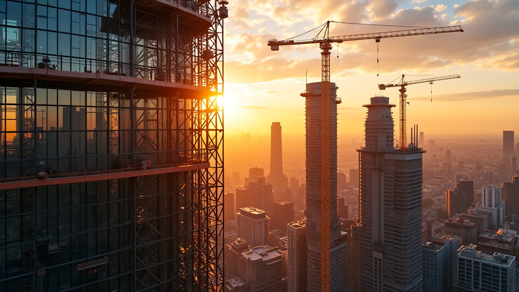 A stunning aerial drone shot of a modern city skyline at golden hour with construction cranes and steel beams.