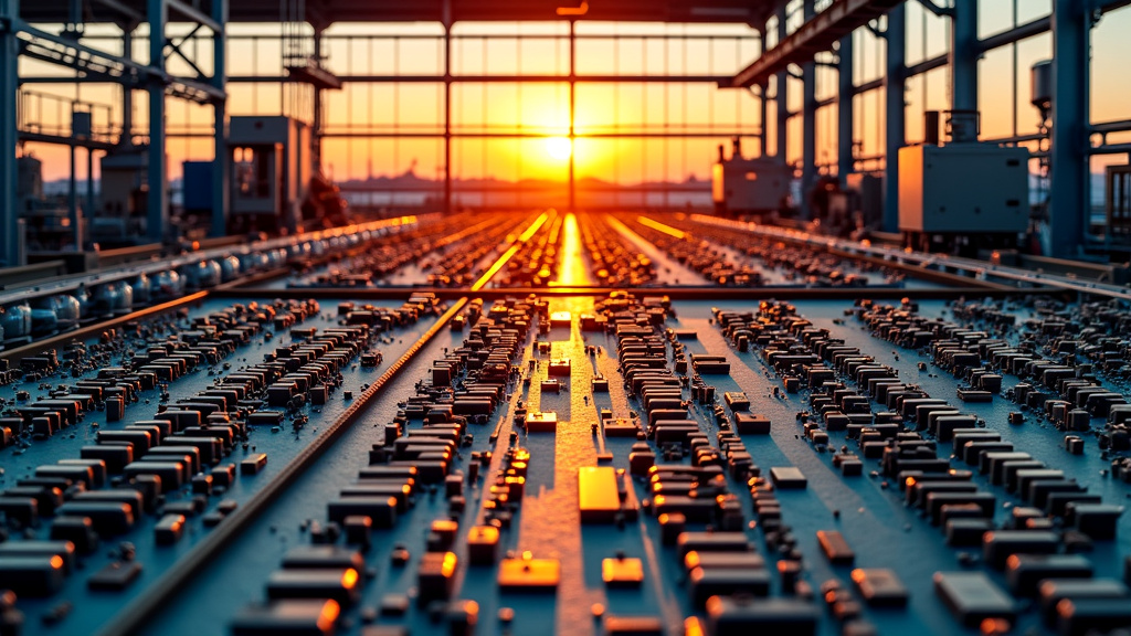 Aerial view of an advanced electronics recycling facility at sunset, showcasing organized electronic components and modern sorting machinery.