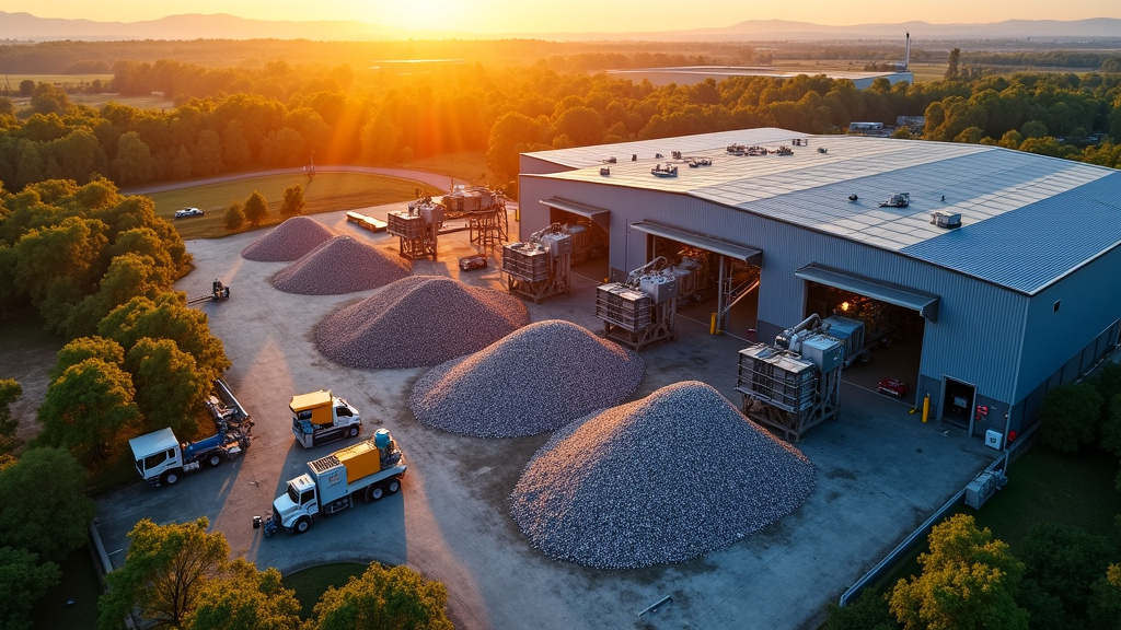 A stunning aerial view of a modern metal recycling facility at sunset with organized metal piles and robotic sorting machines.