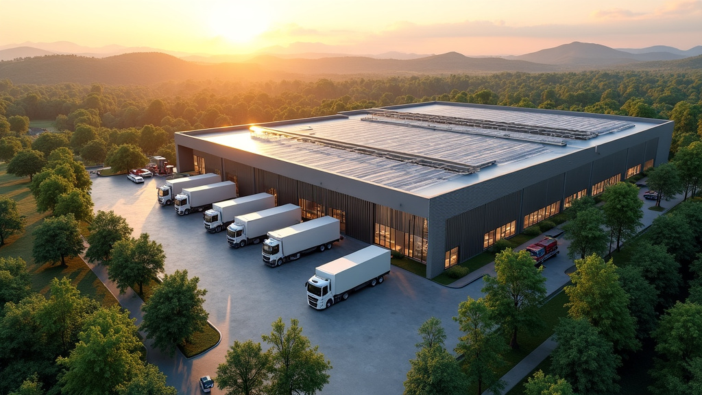 Aerial view of a modern circular supply chain facility with solar panels, electric trucks, and recycling units.