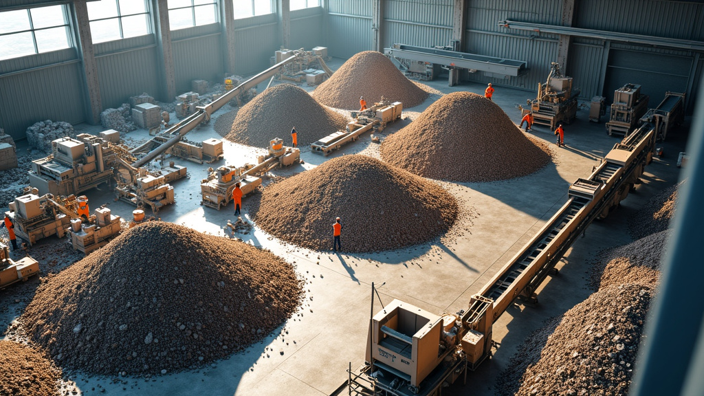 Aerial view of a modern construction waste sorting facility with organized piles of materials and workers in safety gear.