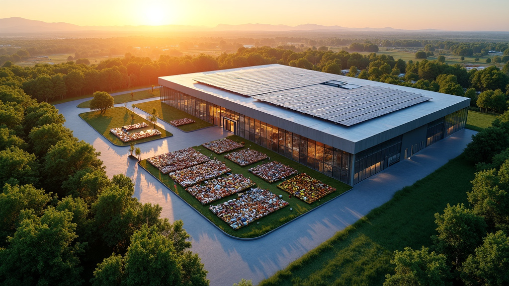 A photorealistic aerial view of a modern recycling facility with solar panels and sorted rare earth metals.