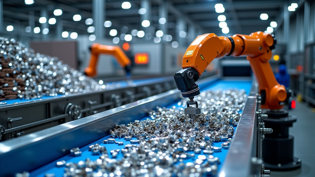 A modern automated metal recycling facility interior with conveyor belts and robotic arms sorting metals.