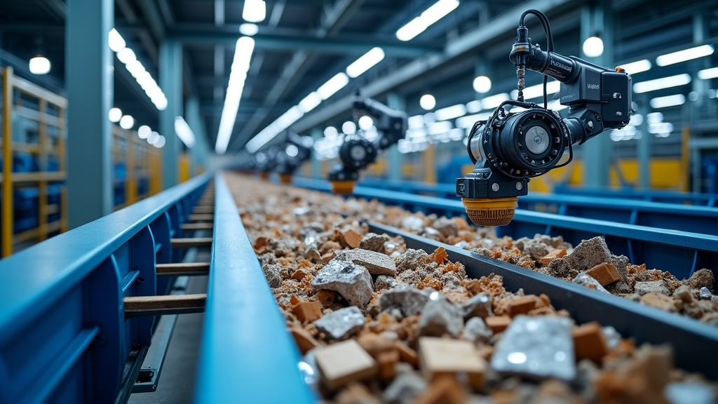 A modern automated waste sorting facility with robotic arms sorting construction debris on a conveyor belt.