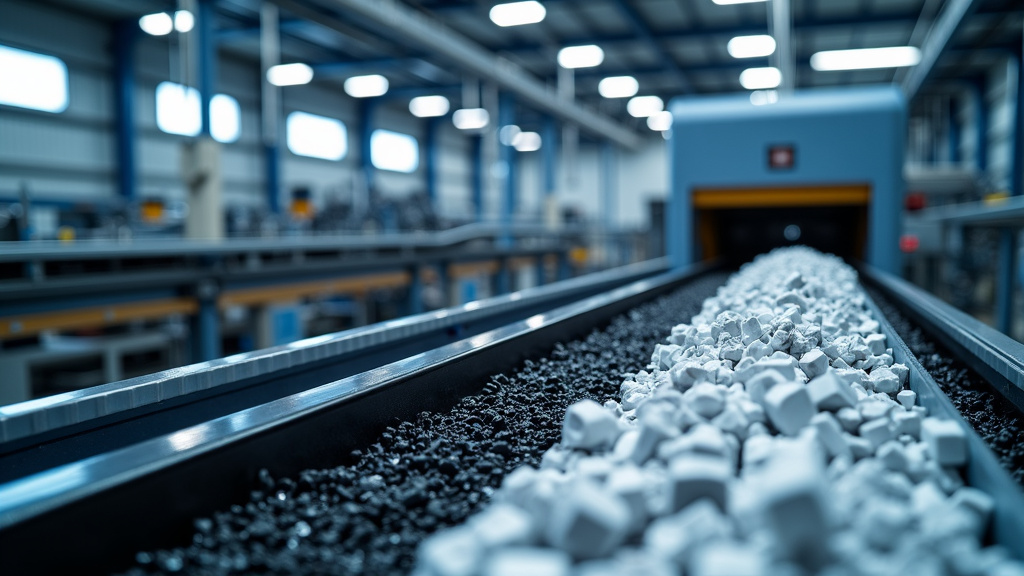 Interior of a modern battery recycling facility with steel machinery and conveyor belts carrying crushed battery components.