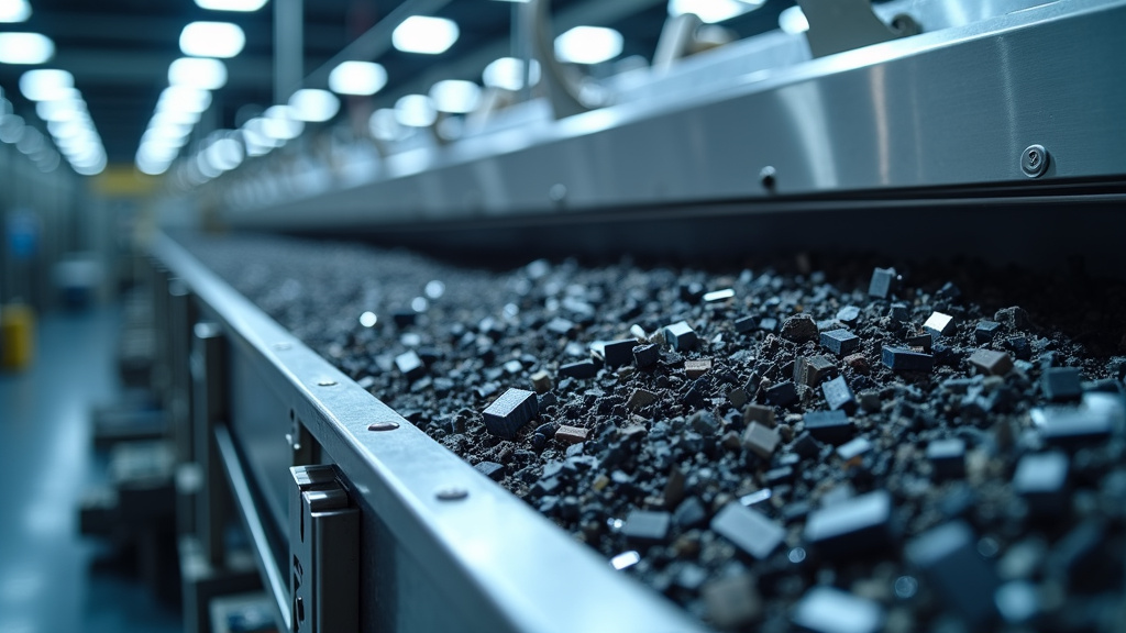 Close-up of a modern battery recycling facility interior with stainless steel machinery and conveyor belts.