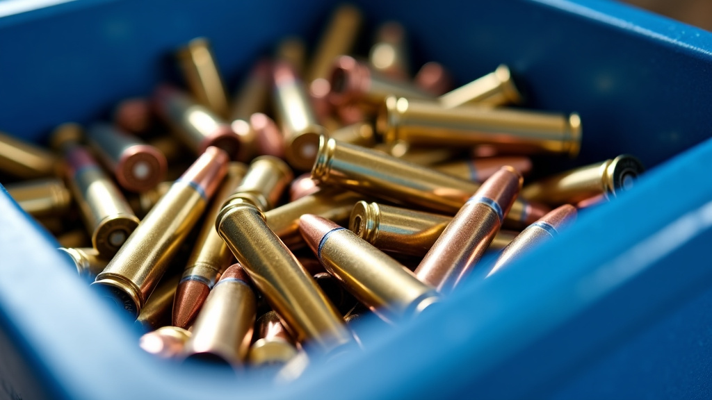 A close-up of clean, shiny brass bullet casings in a recycling bin with natural lighting.