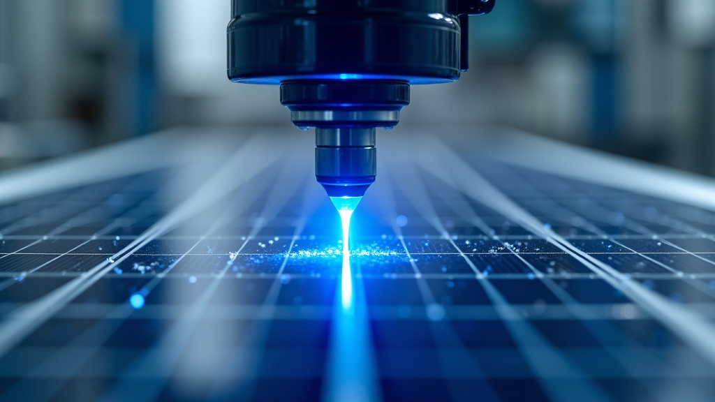 A close-up view of a broken solar panel being cut by a blue laser in a recycling facility.