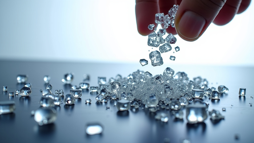 A close-up of a broken solar panel being transformed into new materials, showing crystalline fragments being sorted into pristine containers against a clean white background.