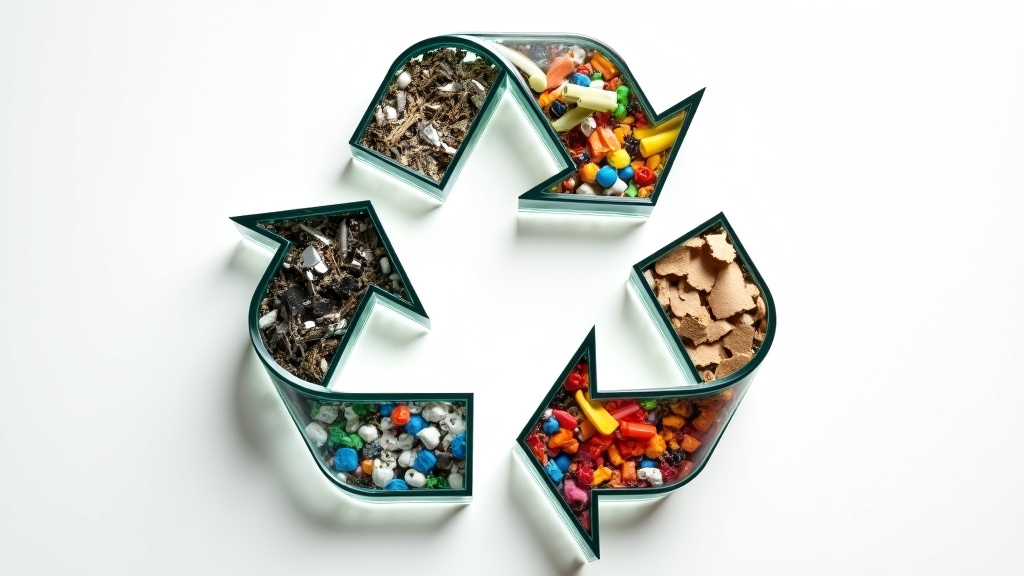 Professional photograph of three transparent glass arrows in a circle with recycled materials