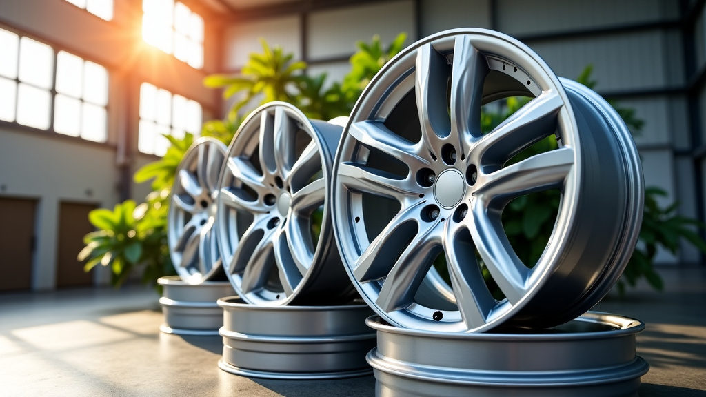 A stack of clean, polished aluminum car wheels arranged in an industrial setting with sunlight reflections.