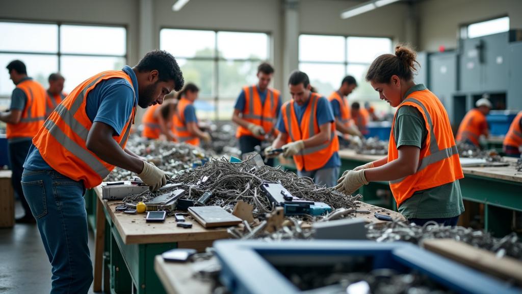 A diverse group of volunteers in casual attire working together at a community recycling center, sorting materials including electronics and scrap metal.