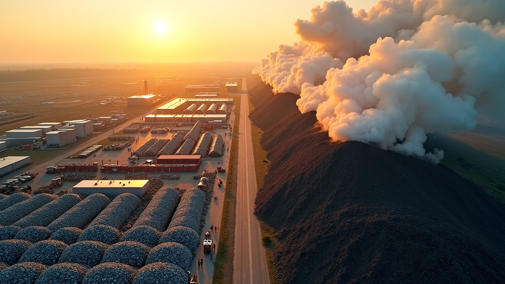 Aerial view showcasing a modern recycling facility on the left and a polluted landfill on the right, illustrating the contrast in waste management practices.