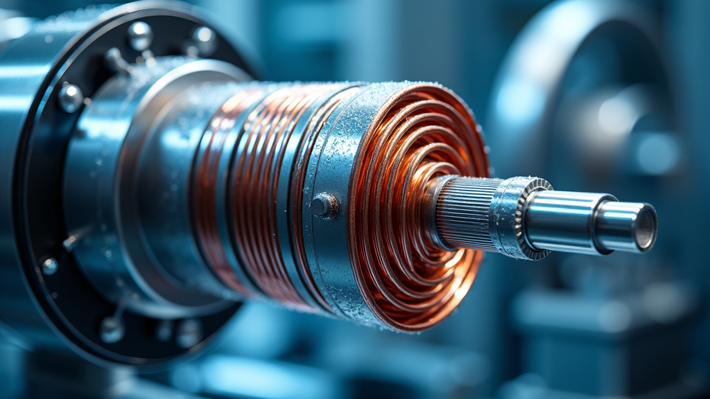 A close-up photo of a glowing blue electromagnet with cooling channels and copper coils in a high-tech lab.