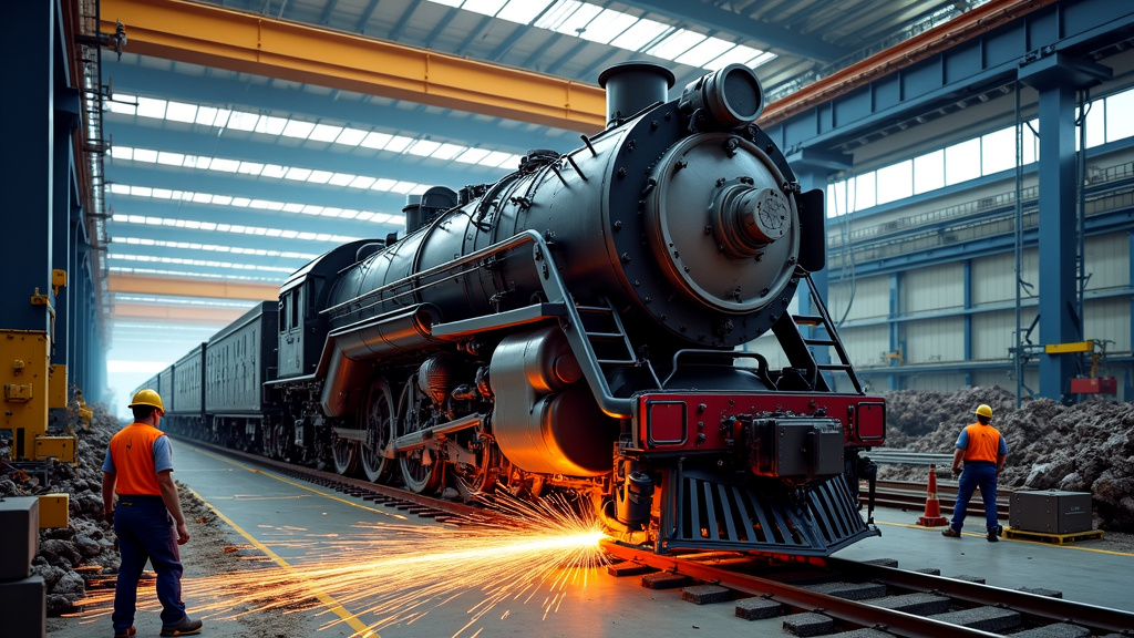 A photorealistic image of a decommissioned locomotive being dismantled in a recycling facility with workers and sparks.