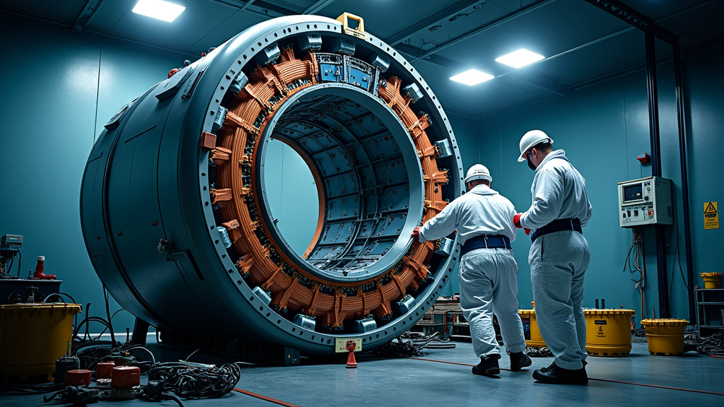 A close-up view of a decommissioned MRI machine being dismantled in an industrial setting, with two workers in hazmat suits and copper wiring exposed.