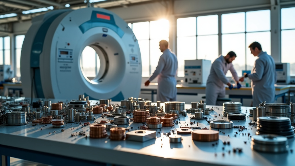 A photorealistic image of a deconstructed MRI machine in a modern recycling facility with organized components.