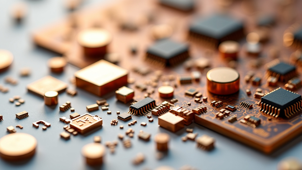 A close-up shot of disassembled electronic components and circuit boards in metallic tones on a white surface.