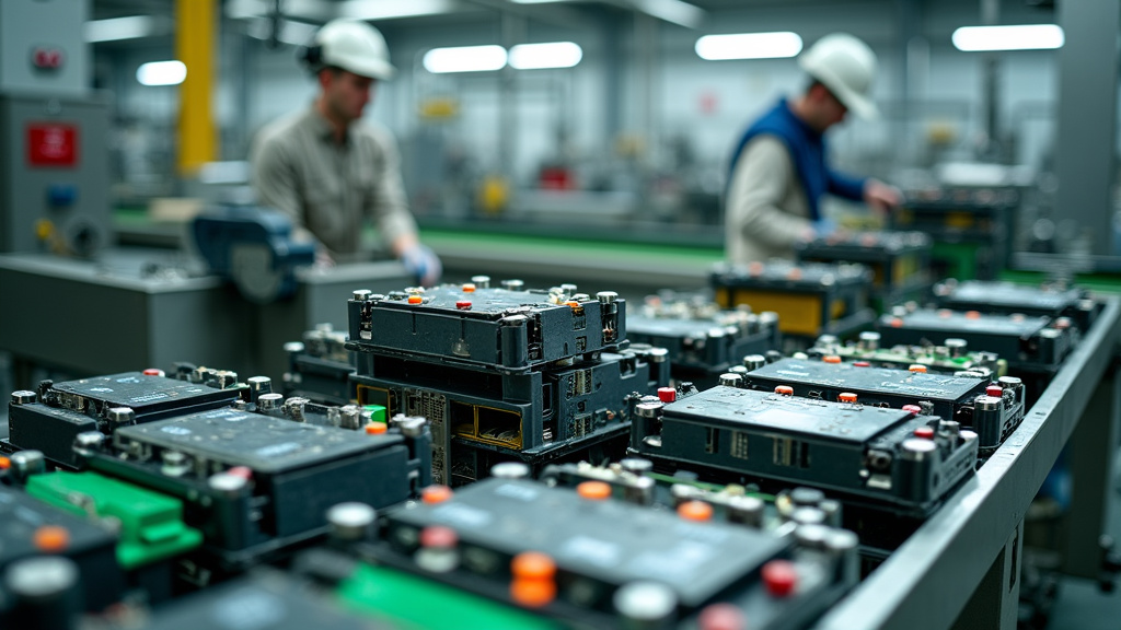 Close-up of a disassembled lead-acid battery being processed in a recycling facility with machinery in the background.