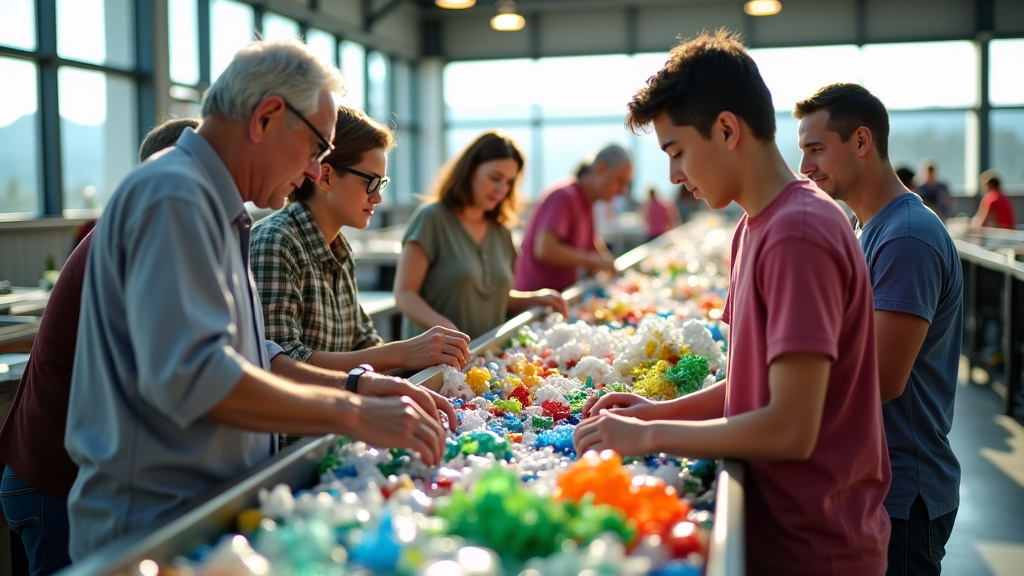 A diverse group of people of different ages working together at a community recycling center, sorting recyclable materials.