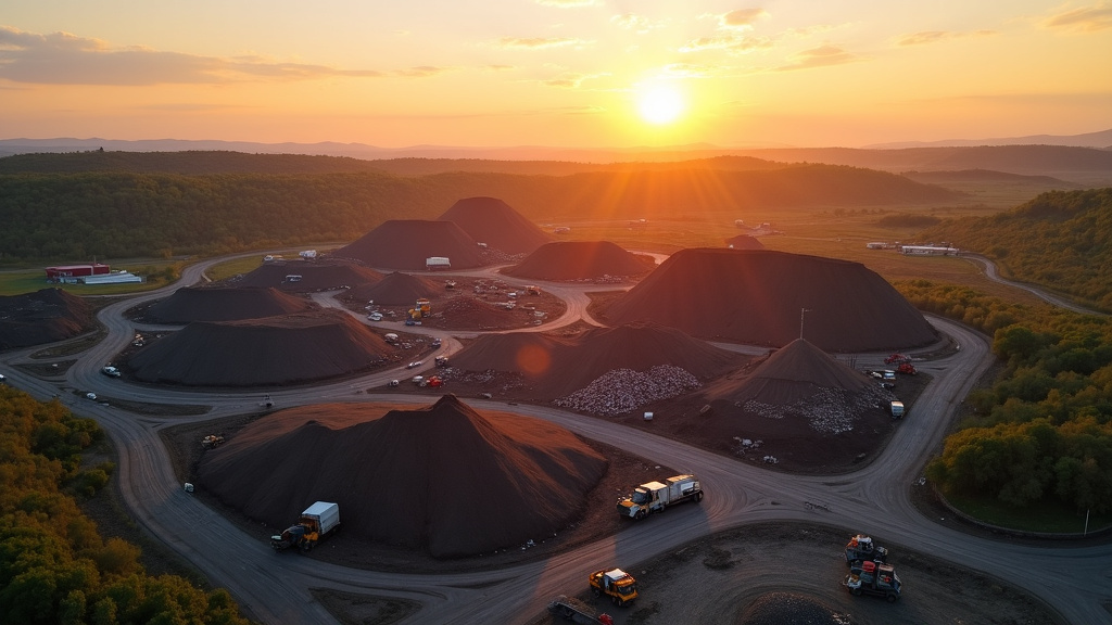 Aerial view of a vast modern landfill site at sunset, showcasing waste management operations and contrasting natural landscape.