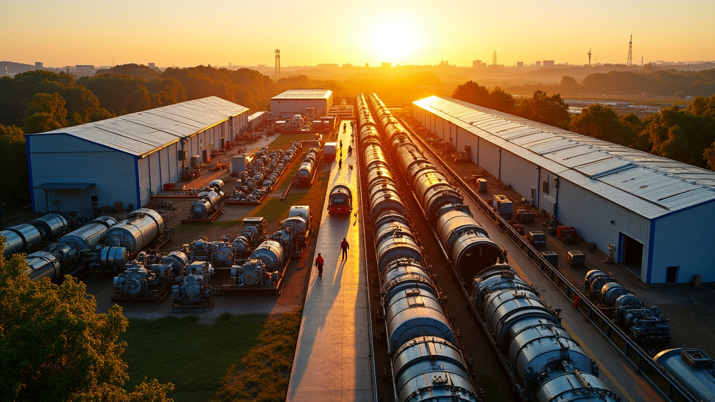 A modern, eco-friendly locomotive recycling facility with robotic machines and train parts under a sunset.