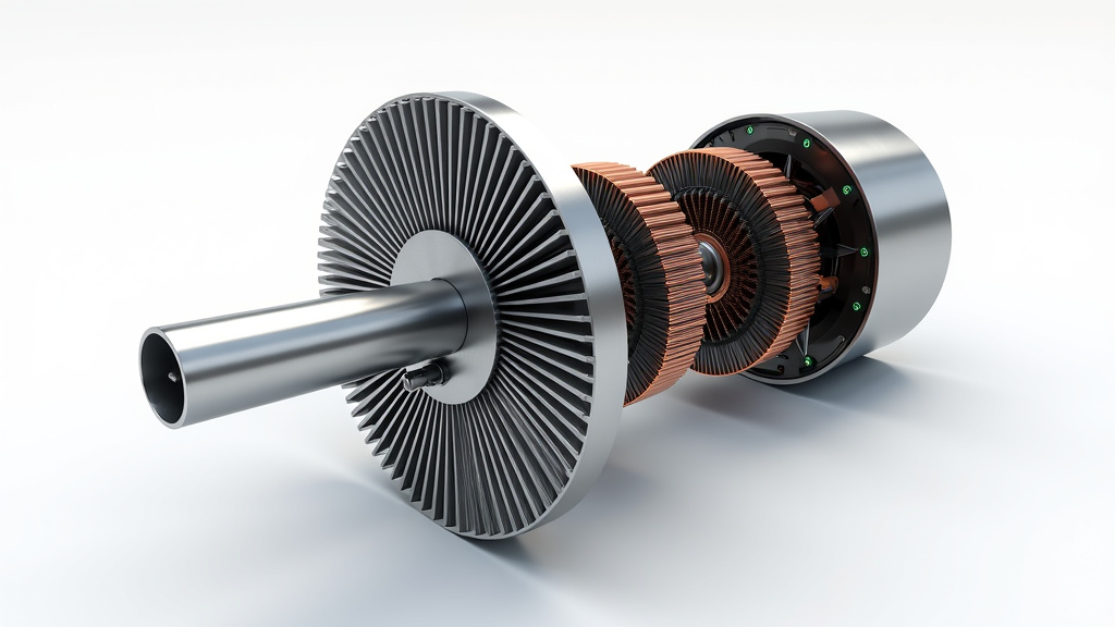 A highly realistic photograph of a modern electric vehicle motor cutaway showing cylindrical silver-colored SmCo magnets and intricate copper windings.