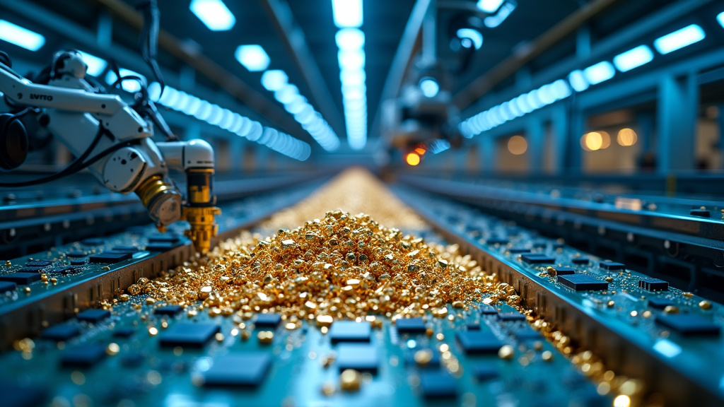 A futuristic recycling facility interior with robotic arms sorting electronic components under blue LED lighting.