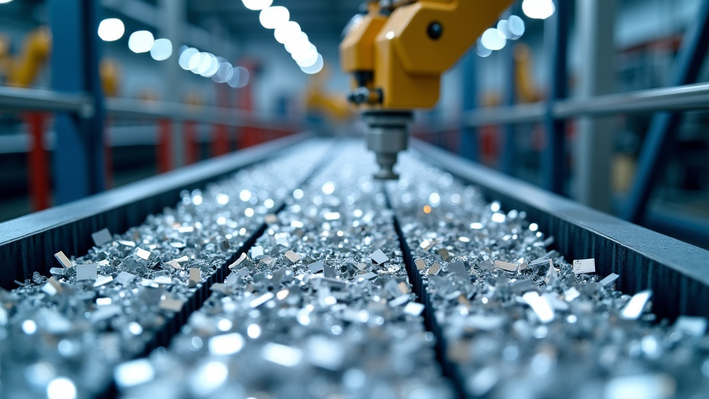 Close-up image of gleaming aluminum scrap on a conveyor belt managed by robotic sorting arms in a high-tech industrial setting.