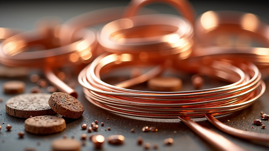 Close-up of gleaming copper wire bundles and clean copper scrap pieces against an industrial background.