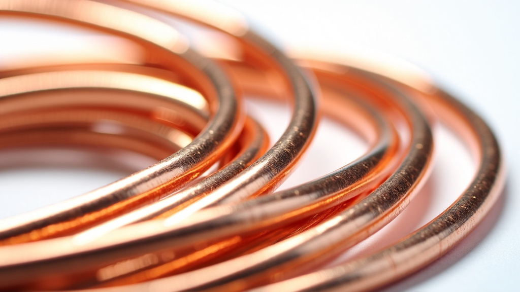 Photorealistic close-up of recycled copper wires arranged in a spiral against a white background.